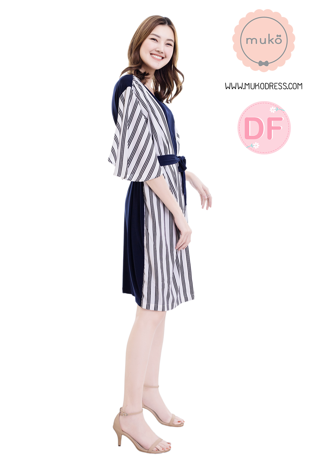 Muko Roselyn เดรสให้นม คลุมท้อง DP09-003DF กรม-ริ้วขาวดำ Muko Roselyn เดรสให้นม คลุมท้อง DP09-003DF กรม-ริ้วขาวดำ