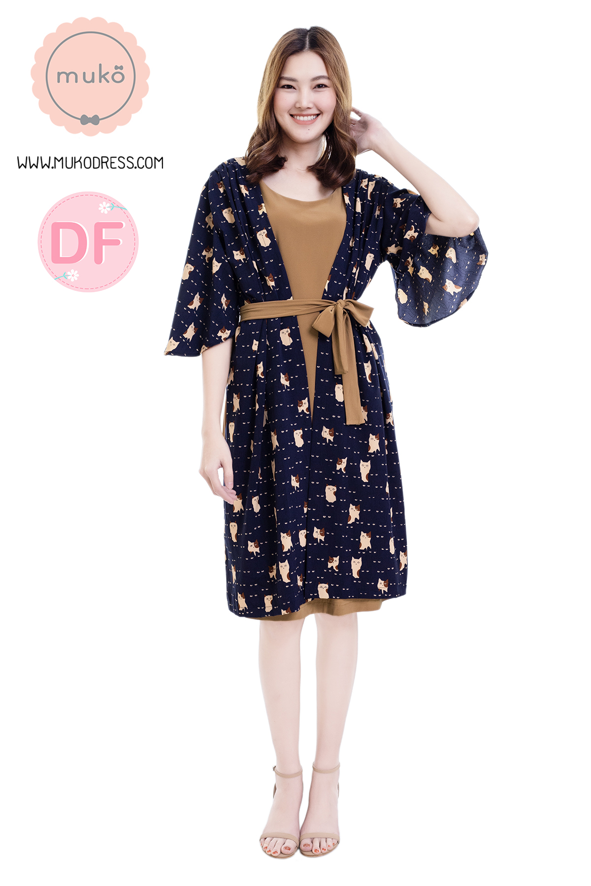 Muko Roselyn เดรสให้นม คลุมท้อง DP09-010DF น้ำตาลทอง-กรมแมว