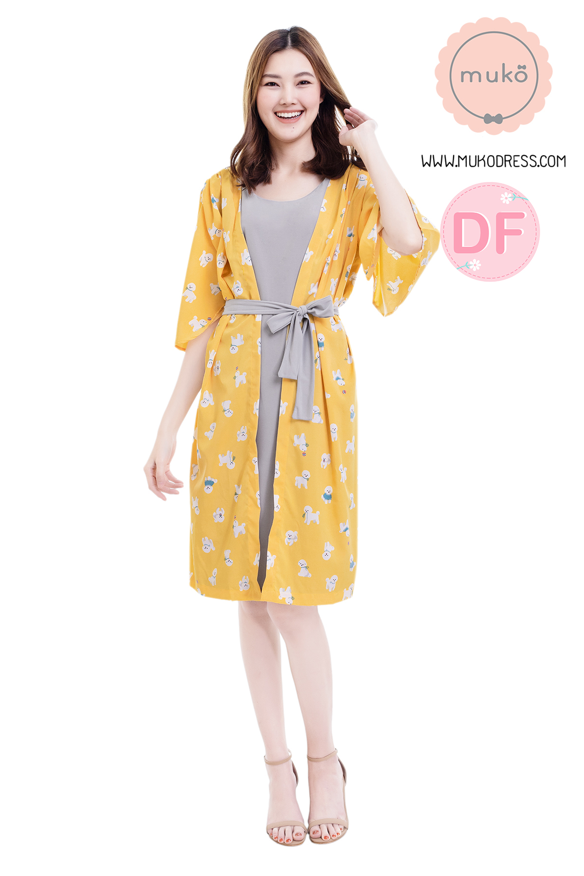 Muko Roselyn เดรสให้นม คลุมท้อง DP09-007DF เทา-เหลืองหมาขาว