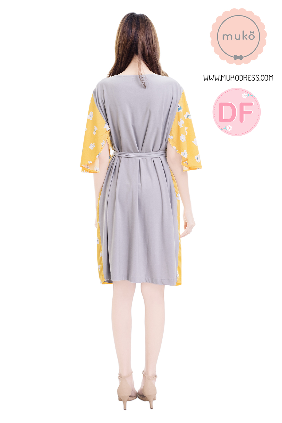 Muko Roselyn เดรสให้นม คลุมท้อง DP09-007DF เทา-เหลืองหมาขาว
