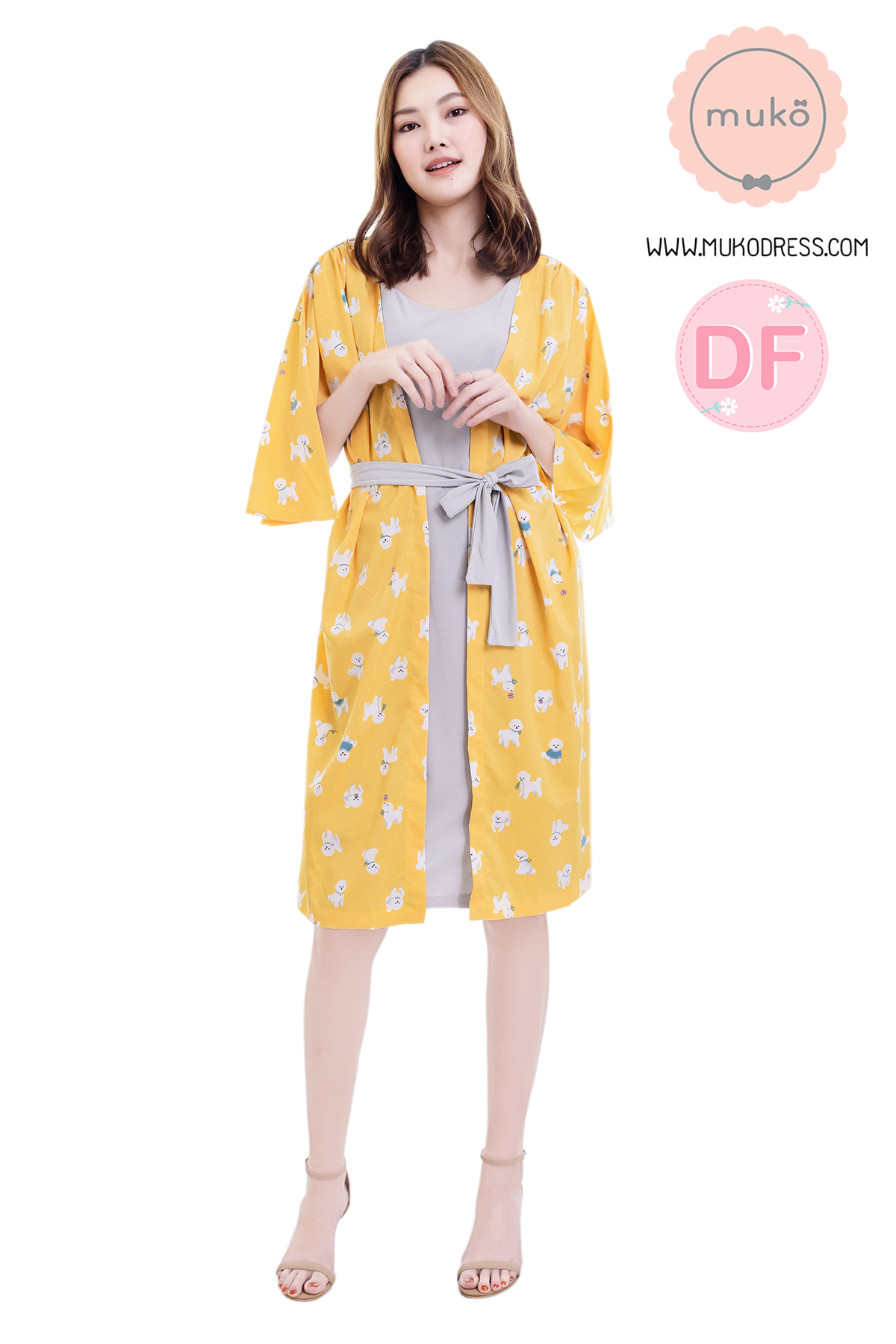 Muko Roselyn เดรสให้นม คลุมท้อง DP09-007DF เทา-เหลืองหมาขาว