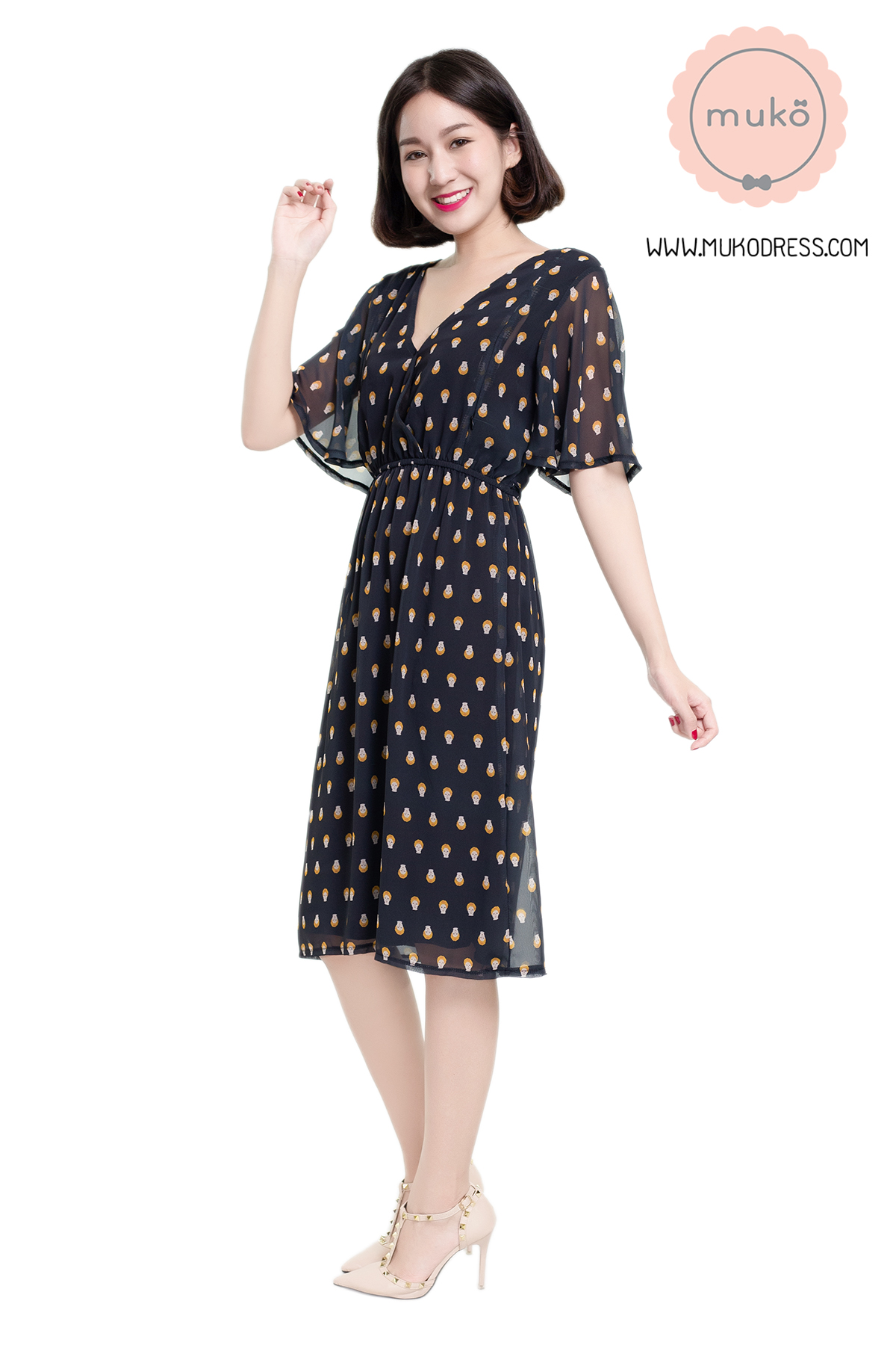 Muko Jaycee เดรสให้นม คลุมท้อง DZ24-006 ดำลายผมเหลือง