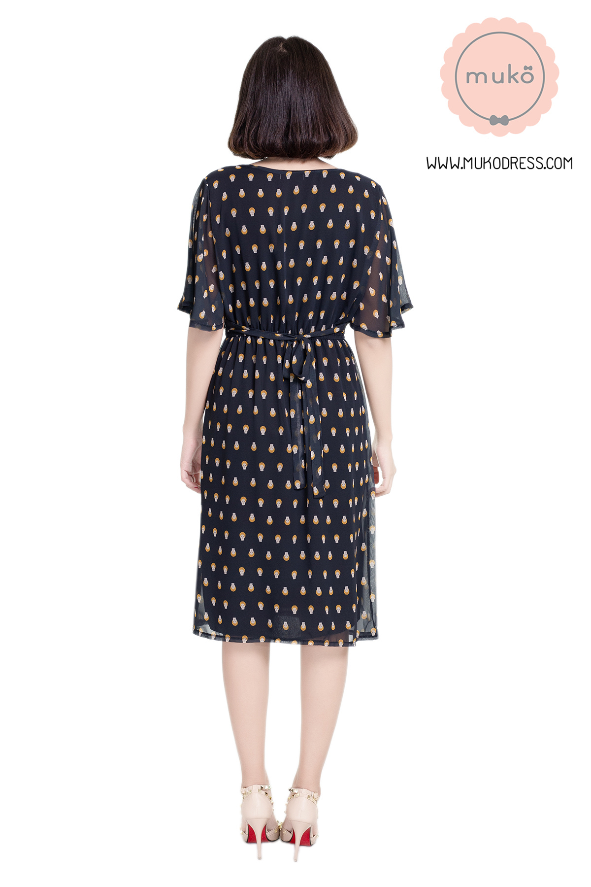 Muko Jaycee เดรสให้นม คลุมท้อง DZ24-006 ดำลายผมเหลือง
