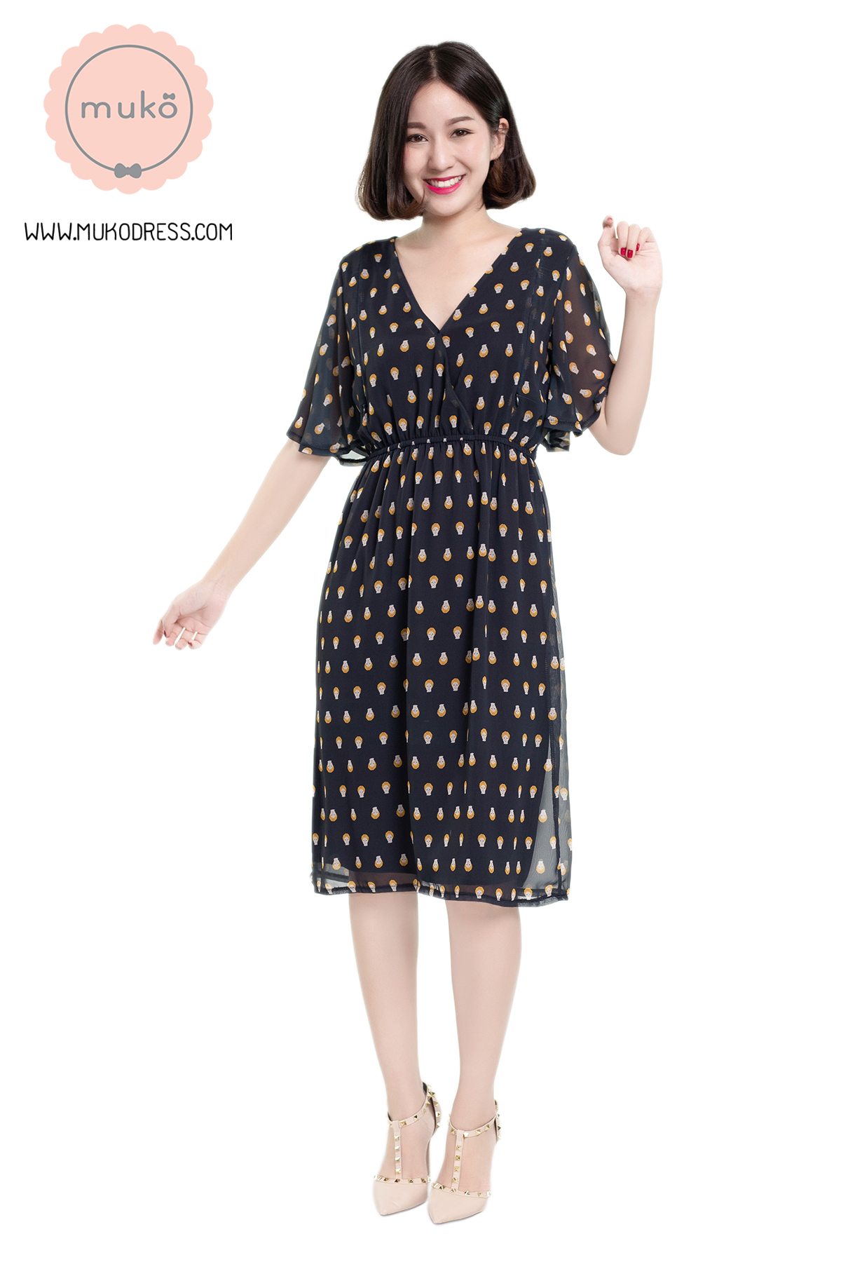 Muko Jaycee เดรสให้นม คลุมท้อง DZ24-006 ดำลายผมเหลือง
