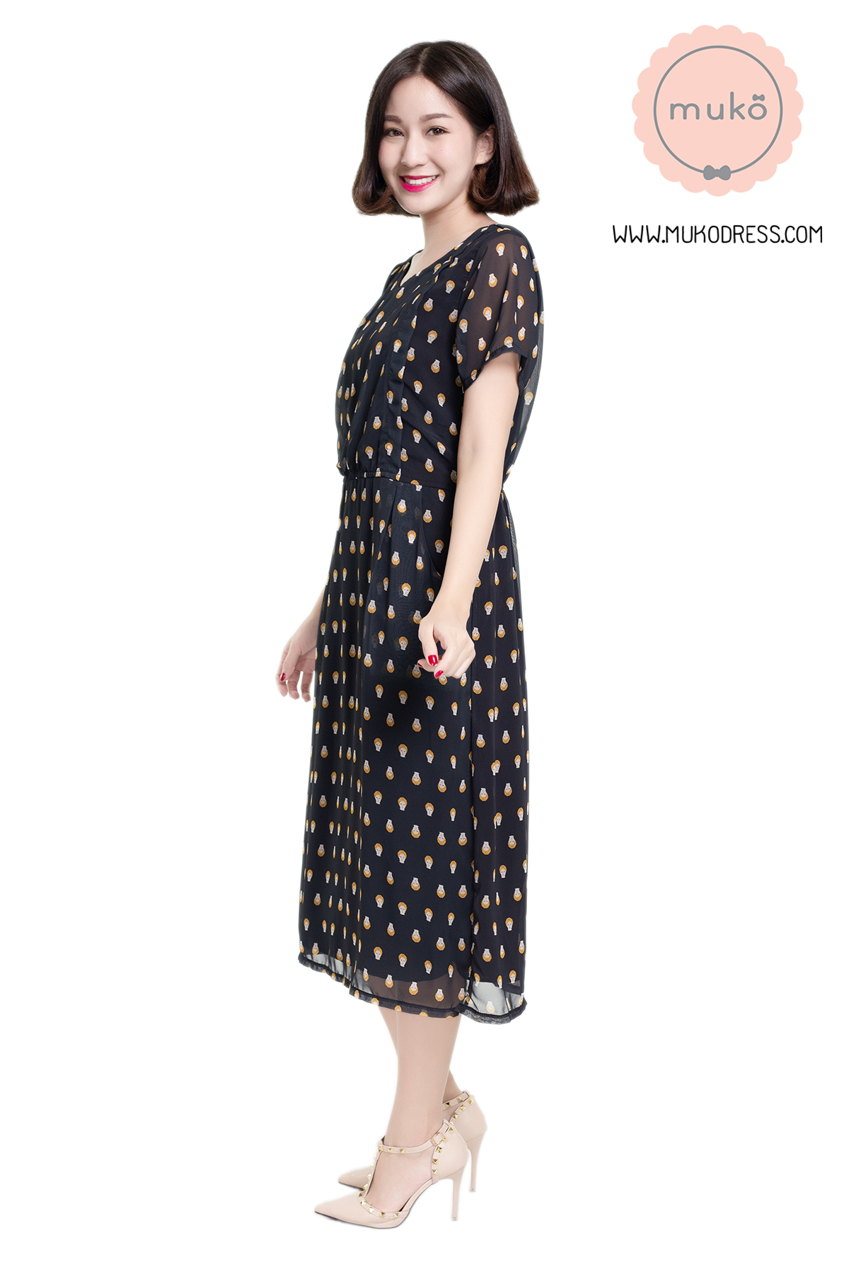 Muko PrimRose เดรสให้นม คลุมท้อง DZ12-037 ดำลายผมเหลือง