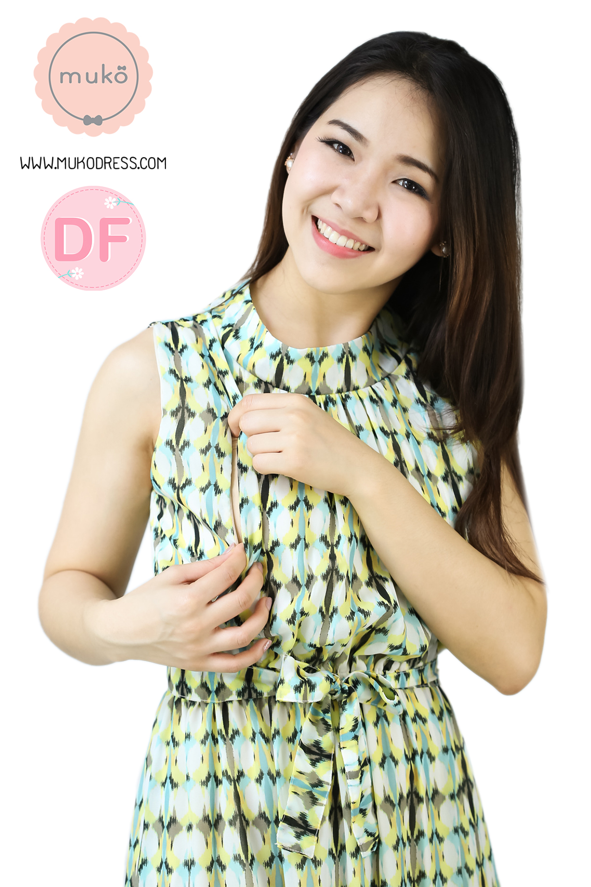 Muko Valentina เดรสเปิดให้นม คลุมท้อง**ไม่มีเชือกนะคะ** MZ01-021DF ลายเหลือง