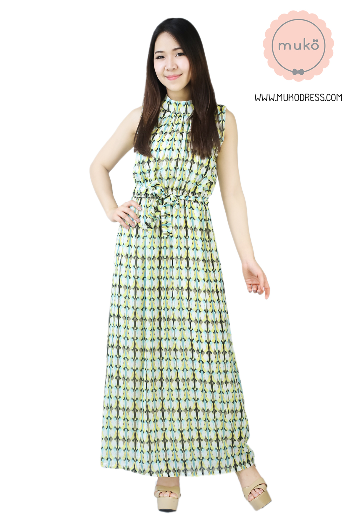 Muko Valentina เดรสเปิดให้นม คลุมท้อง MZ01-021 ลายเหลือง